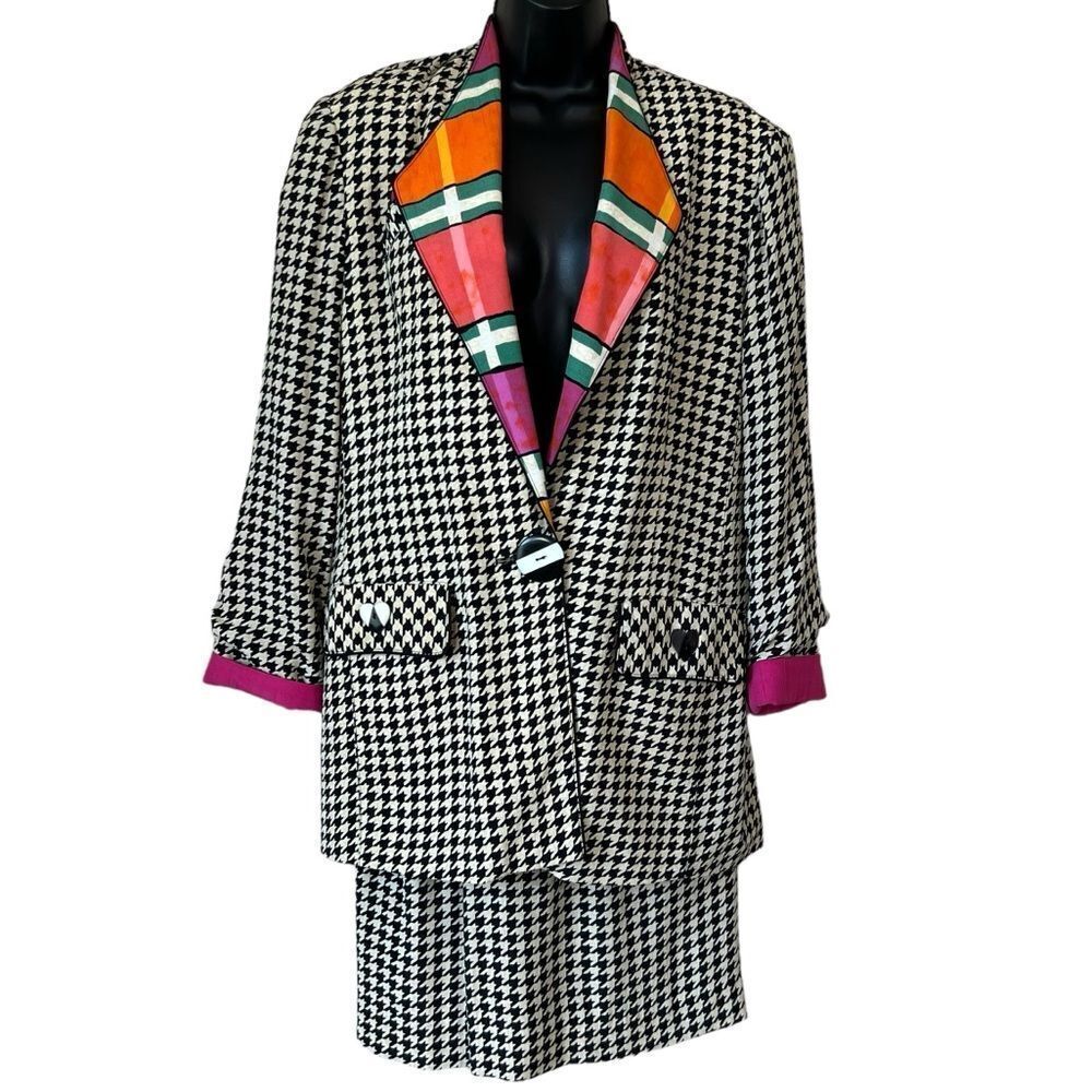 Vintage 80’s Platinum Dorothy Schoelen Retro Houndstooth 2PC Skirt Suit